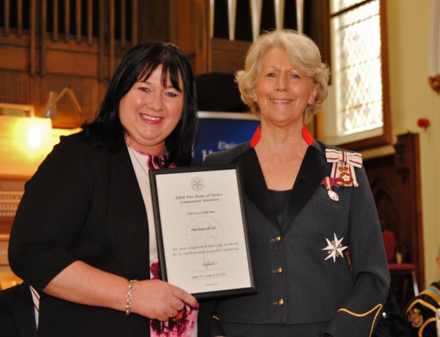 Sarah receiving award from Dr. Ingrid Roscoe FSA, Lord Lieutenant of West Yorkshire